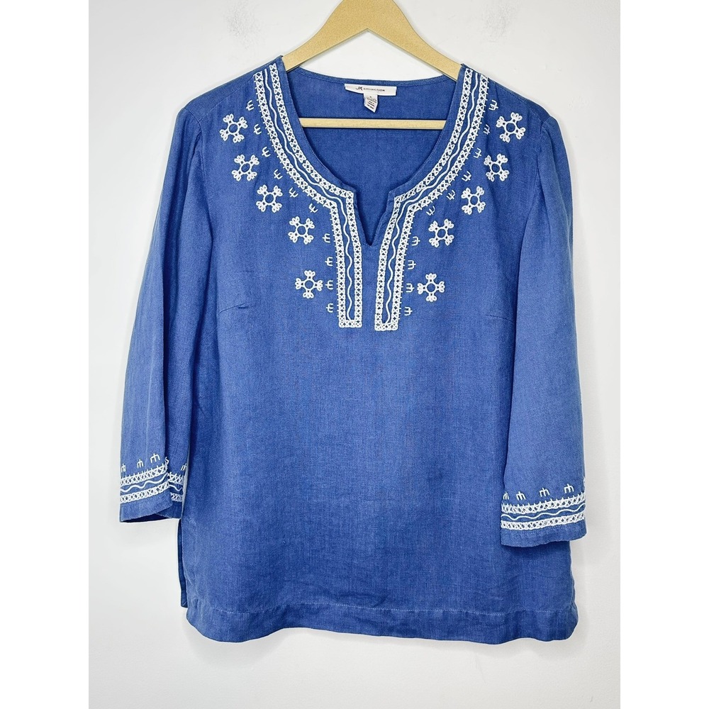 JM Collection 100% linen 2 Piece Pant Set Womens 8 Blue Embroidered Tunic Top